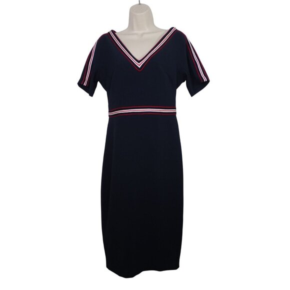Maggy London Navy Blue V-Neck Sheath Dress Women Size 4 Short Sleeve - Picture 1 of 6